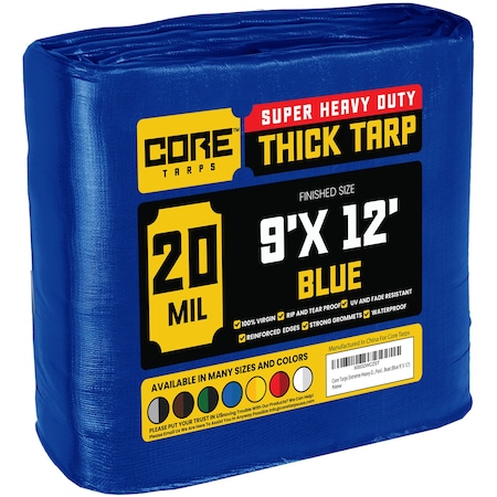 Heavy Duty Tarp, 12 ft L x 0.5 mm H x 9 ft W, 20 Mil, Blue, Polyethylene